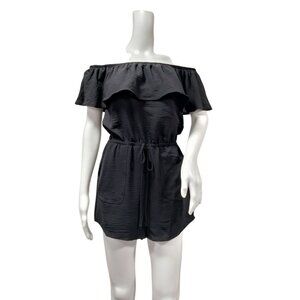 IRIS Black Off-Shoulder Ruffle Romper Boho Festival Twee Elastic Waist M NWT